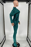 Blue Women Korea Velvet Pure Color Long Sleeve Split Pants Sets AMW8358-3