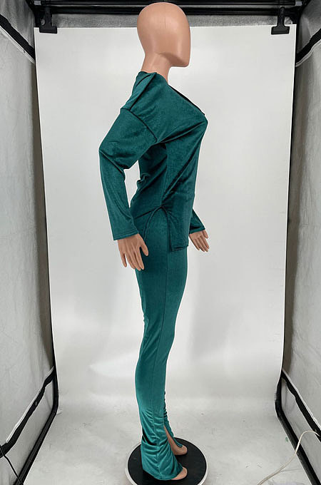 Green Women Korea Velvet Pure Color Long Sleeve Split Pants Sets AMW8358-1