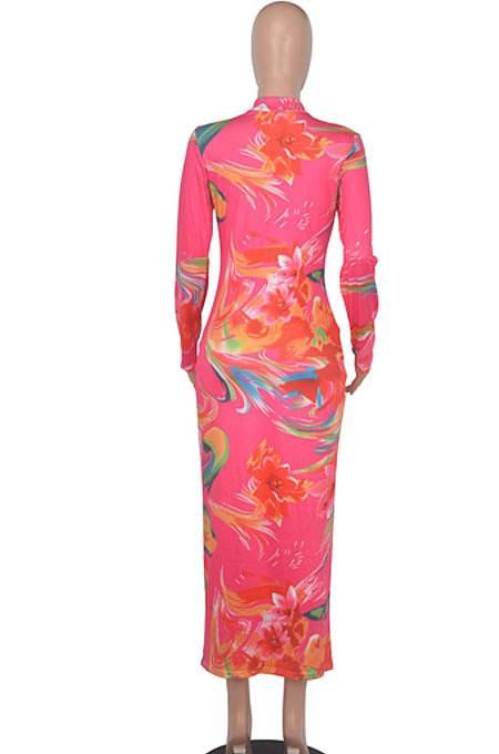 Blue Euramerican Printing Zipper Variety Style Long Sleeve Bodycon Long Dress WMZ2687-2