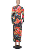 White Euramerican Printing Zipper Variety Style Long Sleeve Bodycon Long Dress WMZ2687-1