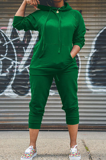 Green Simple Preppy Long Sleeve Hoodie Trousers Plain Suit WY6864-1 
