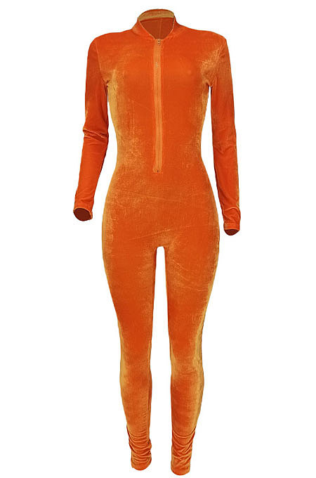SUPER WHOLESALE|Orange Sexy Casual Pleuche Solid Color Zipper Bodycon Jumpsuits ED8547
