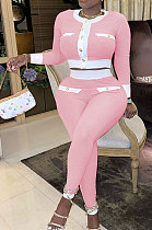 Pink Women's Ribber Round Neck Front Button Tops Skinny Pants Fashion Suit WY6863-4