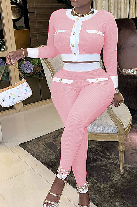 Pink Women's Ribber Round Neck Front Button Tops Skinny Pants Fashion Suit WY6863-4