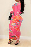 White Euramerican Printing Zipper Variety Style Long Sleeve Bodycon Long Dress WMZ2687-1
