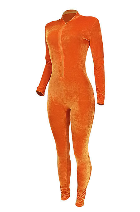SUPER WHOLESALE|Orange Sexy Casual Pleuche Solid Color Zipper Bodycon Jumpsuits ED8547
