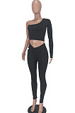 Gray Women's Fashion Off Shoulder Sexy Crop Pure Color Pants Sets ED8546-2