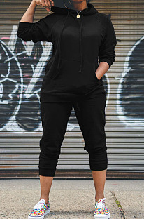 Black Simple Preppy Long Sleeve Hoodie Trousers Plain Suit WY6864-4