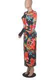 Blue Euramerican Printing Zipper Variety Style Long Sleeve Bodycon Long Dress WMZ2687-2