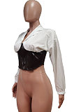 Black Fashion Pu Leather Spliced Zipper Collect Waist Tops WY6865-2