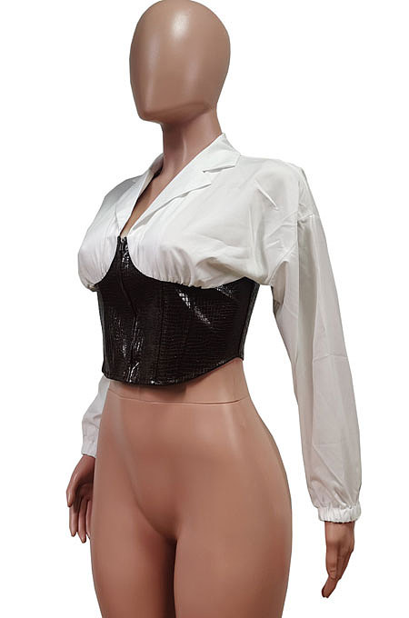 Black Fashion Pu Leather Spliced Zipper Collect Waist Tops WY6865-2