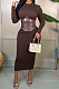 Brown Fashion New Pu Leather Spliced Long Sleeve Collect Waist  Bodycon Dress WY6860-1