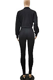 Black Women's Pure Color Zipper Ruffle Casual Pants Sets JR3584-1