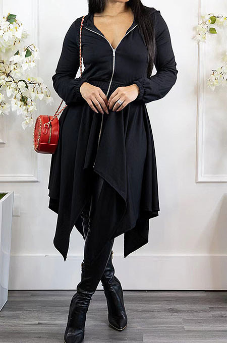 Black Women's Pure Color V Collar Long Sleeve Zipper Irregular Mid Waist Midi Dress AMW8360-3