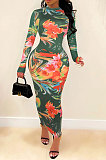 White Euramerican Printing Zipper Variety Style Long Sleeve Bodycon Long Dress WMZ2687-1