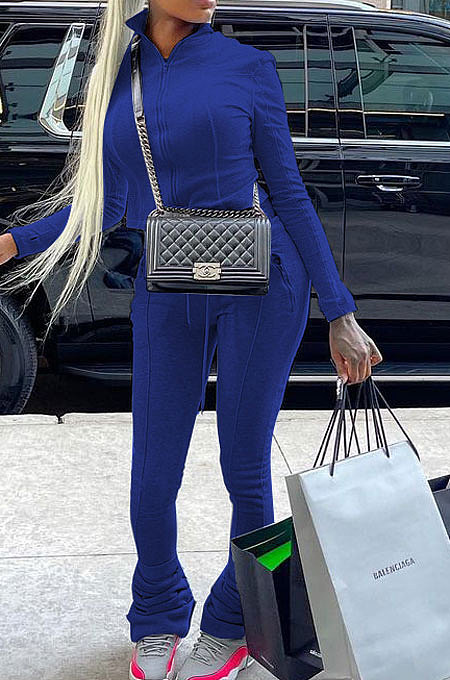 Dark Blue Women's Solid Color Zipper Stand Collar Ruffle Pants Sets AMW8359-6
