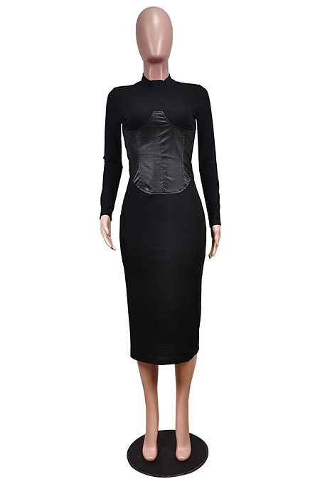 Black Fashion New Pu Leather Spliced Long Sleeve Collect Waist  Bodycon Dress WY6860-2