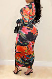 White Euramerican Printing Zipper Variety Style Long Sleeve Bodycon Long Dress WMZ2687-1