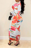 Blue Euramerican Printing Zipper Variety Style Long Sleeve Bodycon Long Dress WMZ2687-2