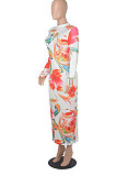 White Euramerican Printing Zipper Variety Style Long Sleeve Bodycon Long Dress WMZ2687-1