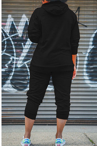 Black Simple Preppy Long Sleeve Hoodie Trousers Plain Suit WY6864-4