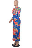 Blue Euramerican Printing Zipper Variety Style Long Sleeve Bodycon Long Dress WMZ2687-2
