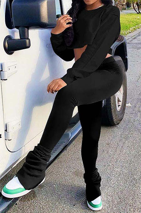 Black Euramerican Casual Dew Waist Spit Bodycon Pants Sets ED8544-2