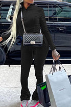 Black Women's Solid Color Zipper Stand Collar Ruffle Pants Sets AMW8359-5