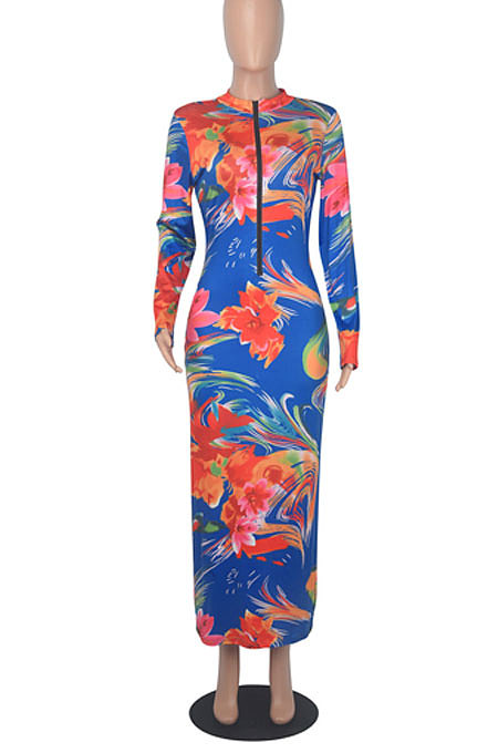 Blue Euramerican Printing Zipper Variety Style Long Sleeve Bodycon Long Dress WMZ2687-2