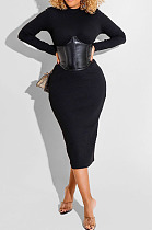 Black Fashion New Pu Leather Spliced Long Sleeve Collect Waist  Bodycon Dress WY6860-2