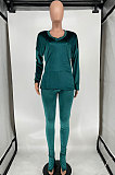 Blue Women Korea Velvet Pure Color Long Sleeve Split Pants Sets AMW8358-3