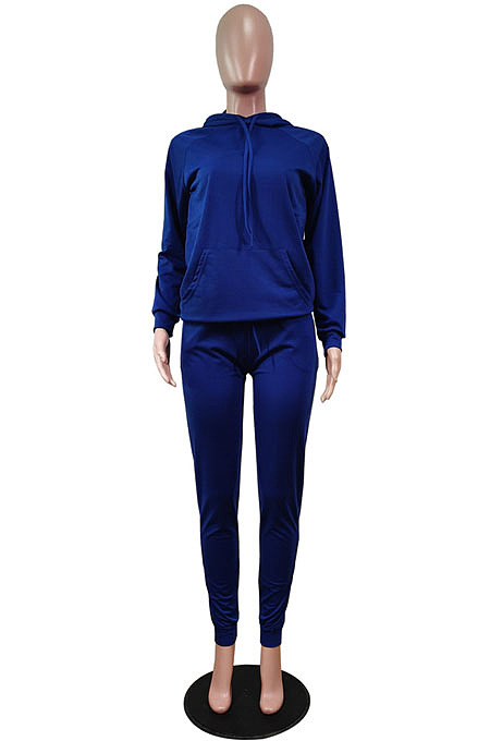 Blue Simple Preppy Long Sleeve Hoodie Trousers Plain Suit WY6864-2