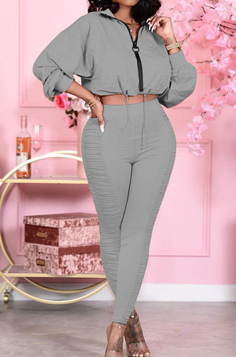 Gray Women's Pure Color Zipper Ruffle Casual Pants Sets JR3584-2