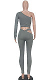 Gray Women's Fashion Off Shoulder Sexy Crop Pure Color Pants Sets ED8546-2