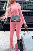 Pink Women's Solid Color Zipper Stand Collar Ruffle Pants Sets AMW8359-2
