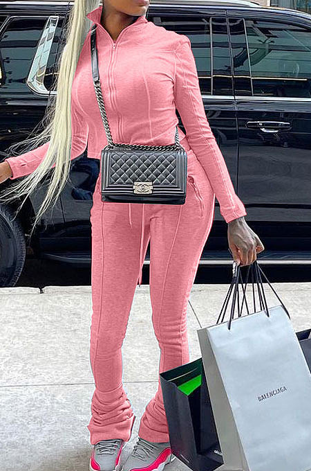 Pink Women's Solid Color Zipper Stand Collar Ruffle Pants Sets AMW8359-2