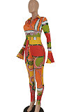Green Women's Trendy Sexy Positioning Printing Horn Sleeve Turn-Down Collar Bodycon Jumpsuits FFE195 -2