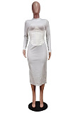 Brown Fashion New Pu Leather Spliced Long Sleeve Collect Waist  Bodycon Dress WY6860-1