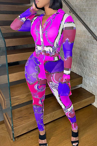 Purple Women's Trendy Sexy Positioning Printing Horn Sleeve Turn-Down Collar Bodycon Jumpsuits FFE195 -3