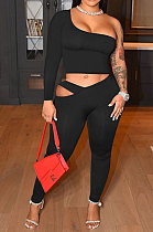 Black Women's Fashion Off Shoulder Sexy Crop Pure Color Pants Sets ED8546-3