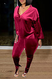 Blue Women Korea Velvet Pure Color Long Sleeve Split Pants Sets AMW8358-3