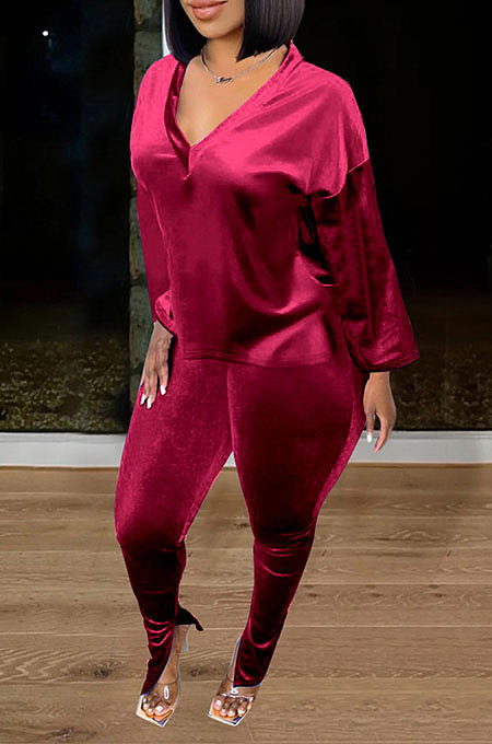 Wine Red Women Korea Velvet Pure Color Long Sleeve Split Pants Sets AMW8358-4