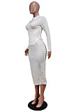 Brown Fashion New Pu Leather Spliced Long Sleeve Collect Waist  Bodycon Dress WY6860-1