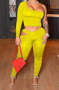 Yellow Women's Fashion Off Shoulder Sexy Crop Pure Color Pants Sets ED8546-1