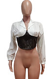 Black Fashion Pu Leather Spliced Zipper Collect Waist Tops WY6865-2