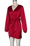 Wine Red Night Club Long Sleeve V Neck Collect Waist Plain Dress ZS0429-2