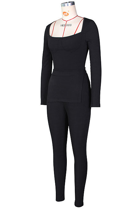 Army Green Fashion Ribber New Long Sleeve Square Neck Split  Tops Bodycon Pants Plain Suit ZS0433-3