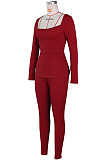 Army Green Fashion Ribber New Long Sleeve Square Neck Split  Tops Bodycon Pants Plain Suit ZS0433-3