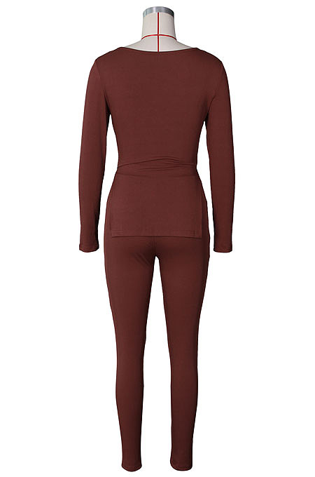 Yellow Fashion Ribber New Long Sleeve Square Neck Split  Tops Bodycon Pants Plain Suit ZS0433-1 