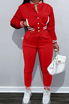 Red Casual Single-Breasted Long Sleeve Jacket Pencil Pants Baseball Uniform Sets YM224-3